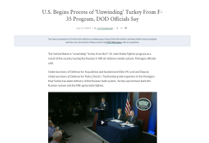 U.S. Begins Process of 'Unwinding' Turkey From F-35 Program, DOD Officials Say